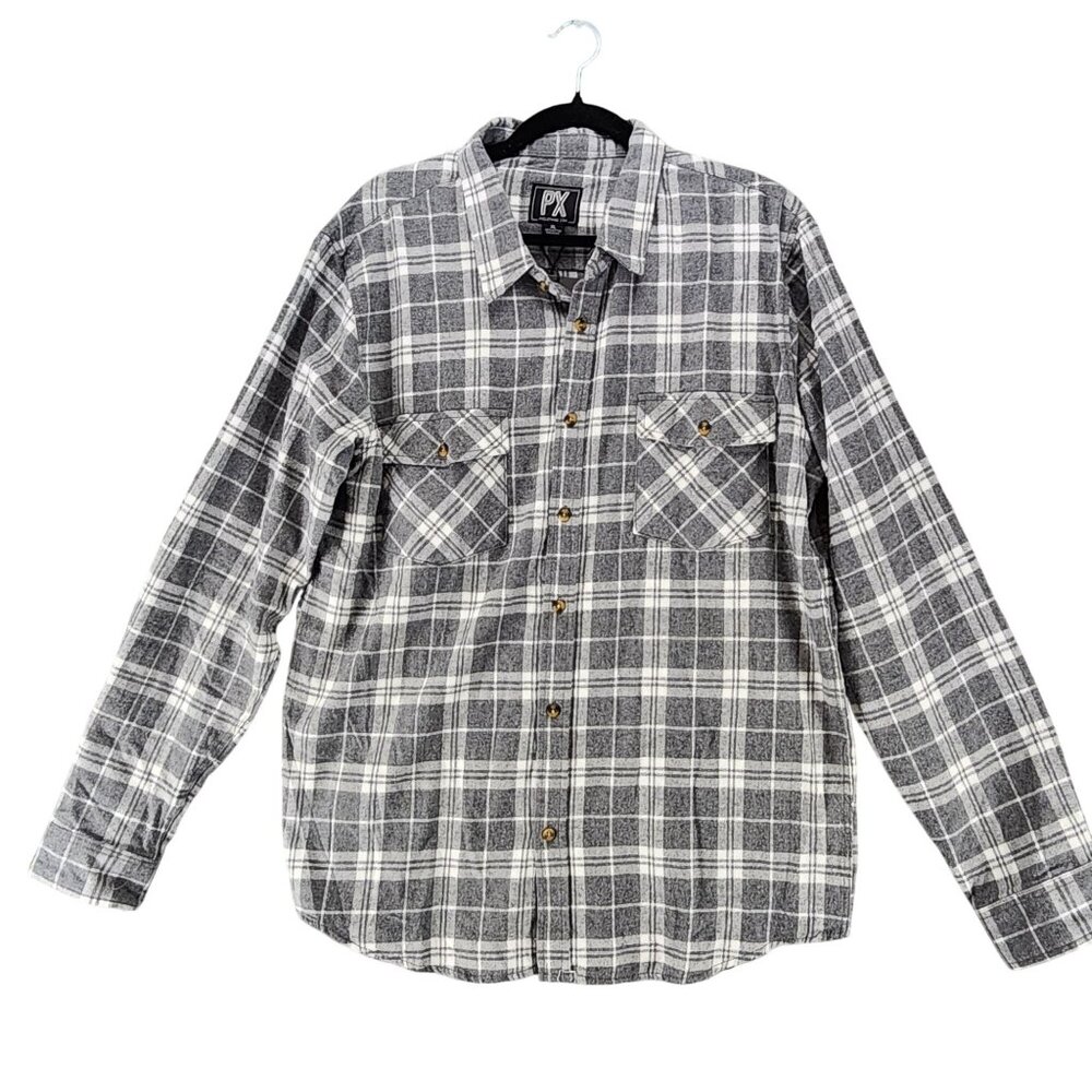 PX Shirt Mens XL Gray Plaid Cotton Flannel Long Sleeve Button Up *NWT*